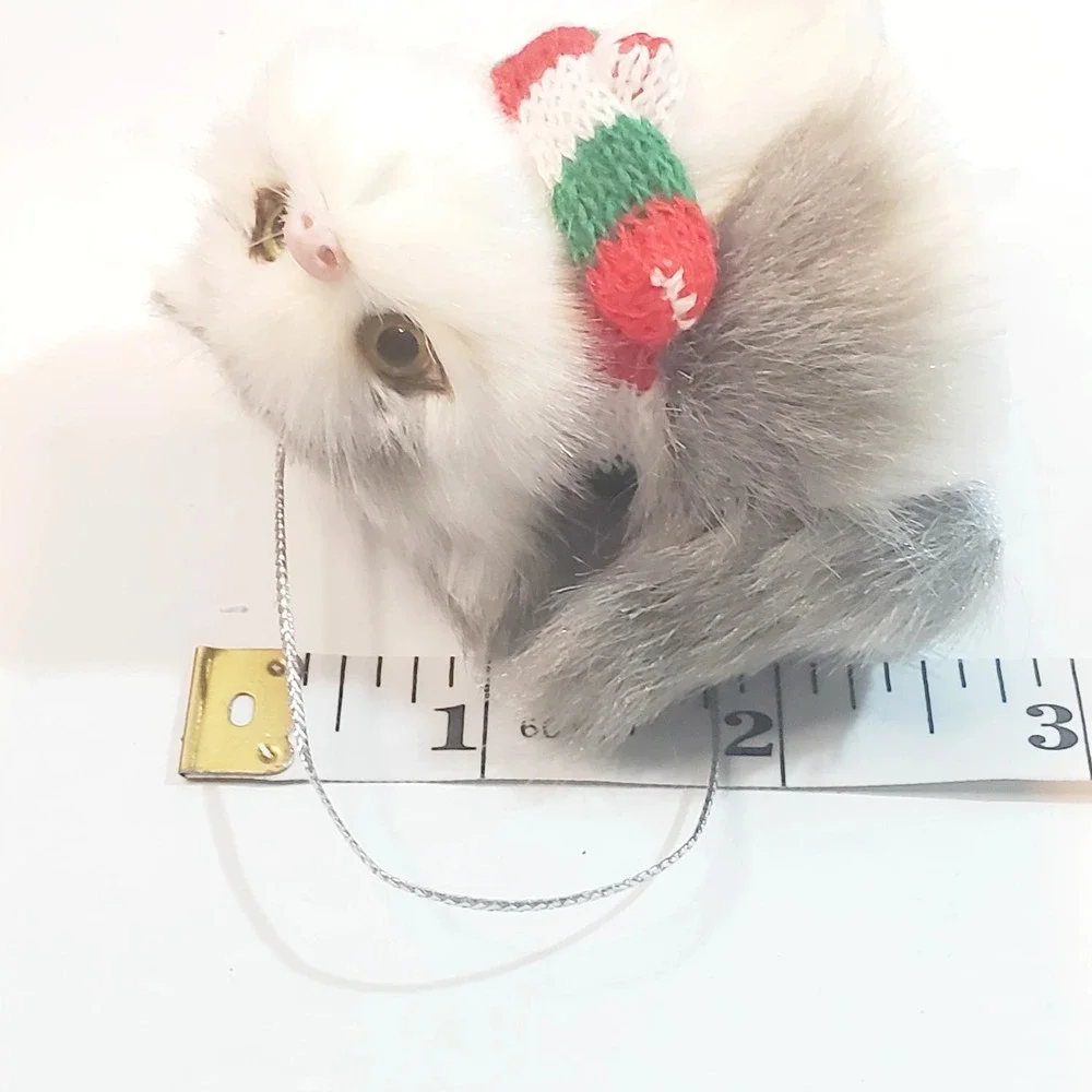 Faux Fur Kitten Miniature Christmas Ornament Cat Kitten Glass Eyes Gray & White